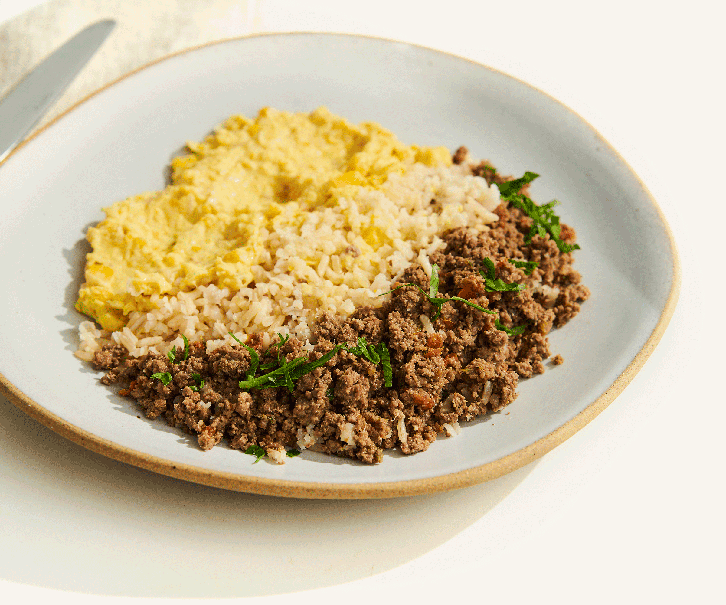 Carne moída, arroz integral e creme de milho 300g